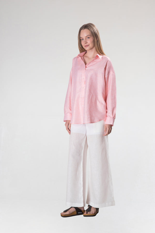 Kadın Pamuk-Keten Pembe Standart Beden Gömlek