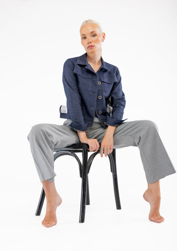 Slim Fit İndigo Kadın Pamuk Kot Ceket