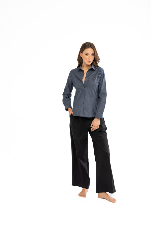 Pamuk Slim Fit Kadın İndigo Gömlek