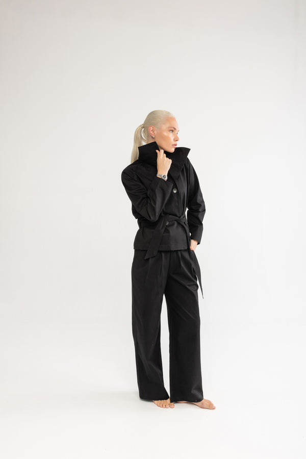 Siyah Kruvaze Kısa Trençkot