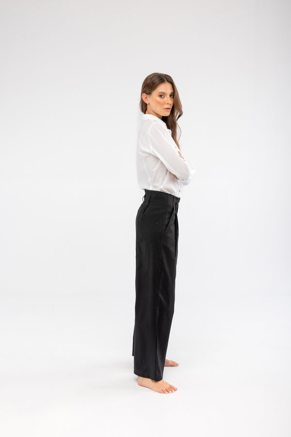 Siyah Geniş Paça Pileli Pamuk Kadın Palazzo Pantolon