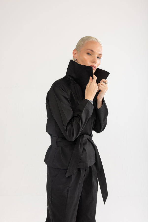 Siyah Kruvaze Kısa Trençkot