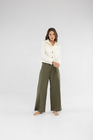 Zeytin Yeşili Geniş Paça Pileli Pamuk Kadın Palazzo Pantolon