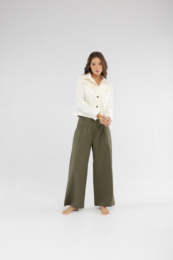 Zeytin Yeşili Geniş Paça Pileli Pamuk Kadın Palazzo Pantolon