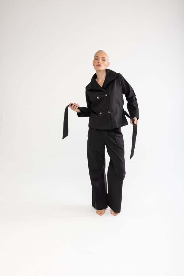 Siyah Kruvaze Kısa Trençkot