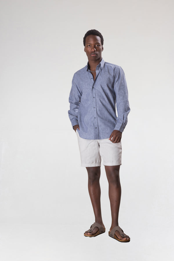 Erkek İndigo Çizgili Pamuk-Keten Gömlek