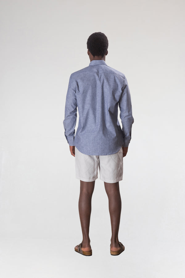 Erkek İndigo Çizgili Pamuk-Keten Gömlek