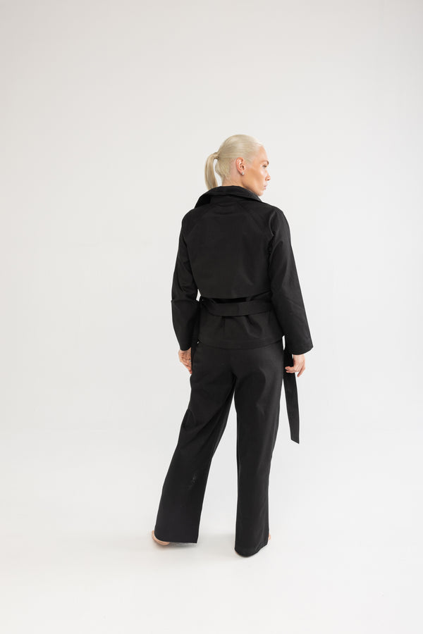 Siyah Kruvaze Kısa Trençkot