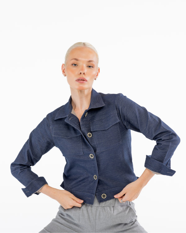 Slim Fit İndigo Kadın Pamuk Kot Ceket