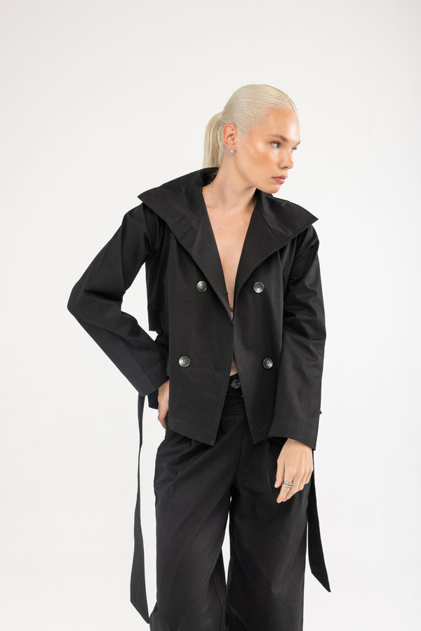 Siyah Kruvaze Kısa Trençkot