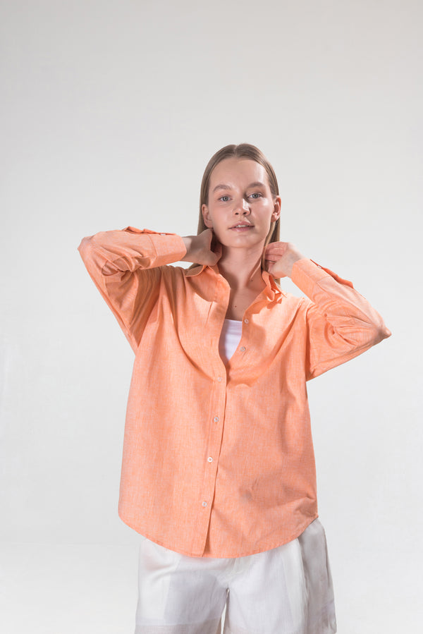 Kadın Turuncu Pamuk-Keten Gömlek